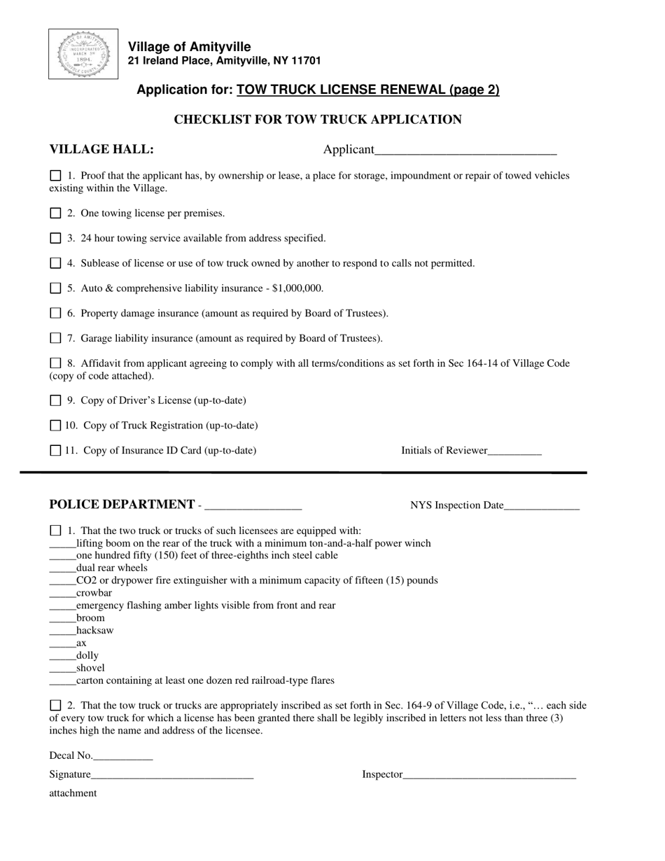 Application for Tow Truck License Renewal - Village of Amityville, New York, Page 2