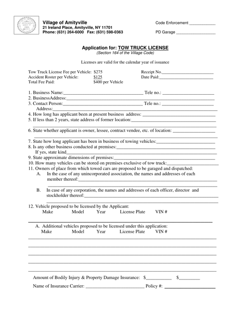Application for Tow Truck License - Village of Amityville, New York Download Pdf