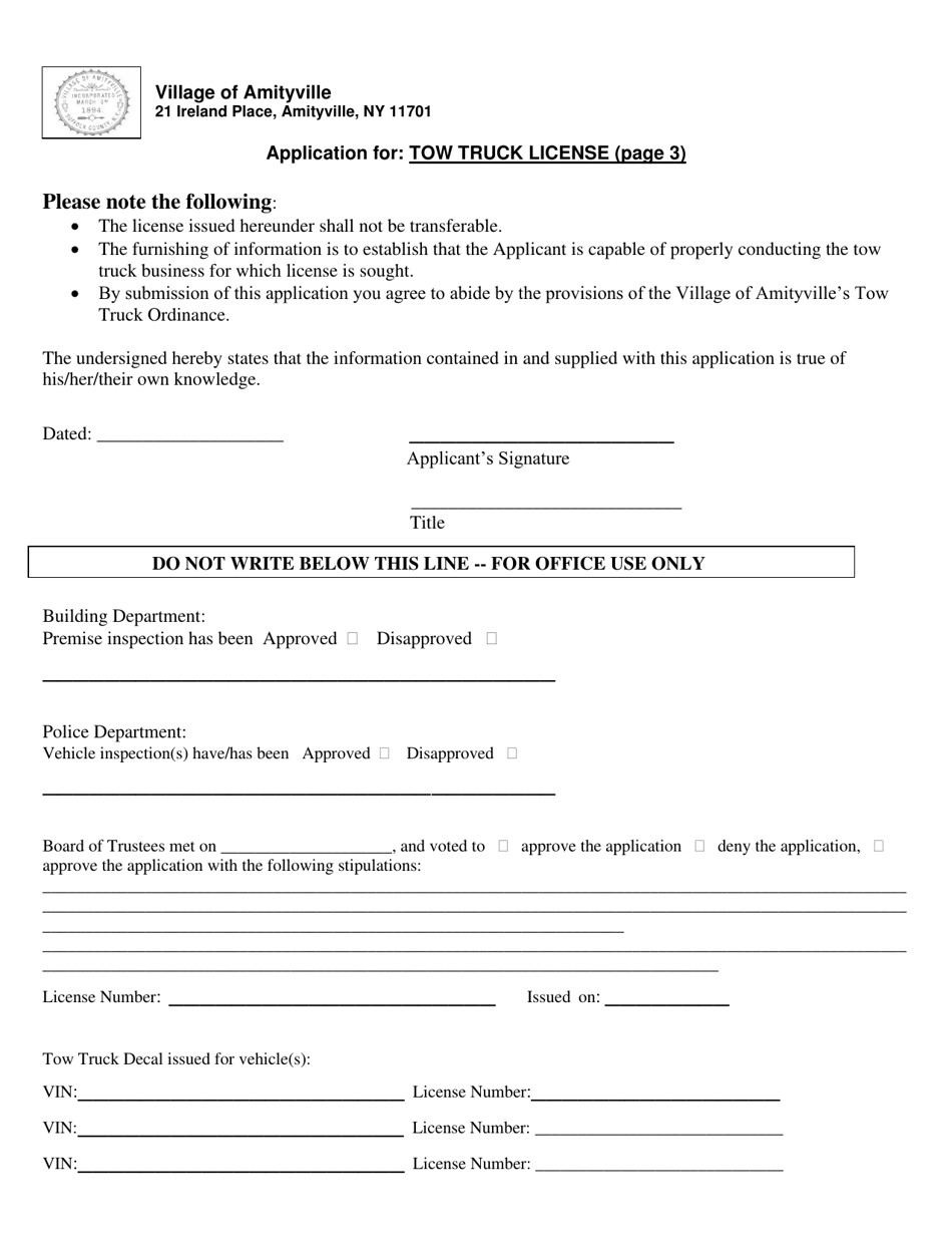 Application for Tow Truck License - Village of Amityville, New York, Page 3
