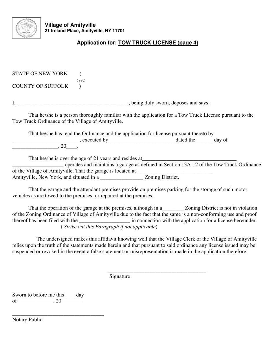 Application for Tow Truck License - Village of Amityville, New York, Page 4