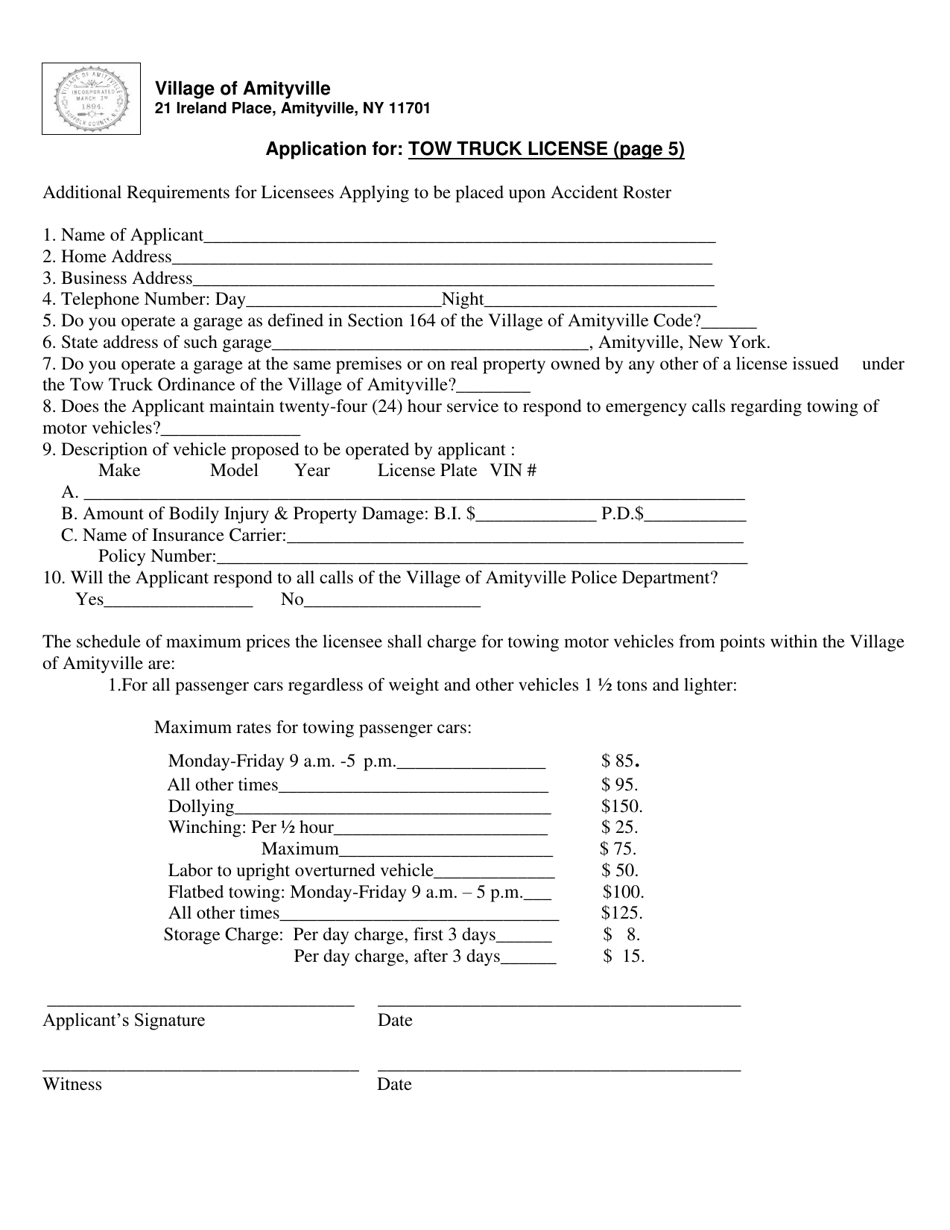 Application for Tow Truck License - Village of Amityville, New York, Page 5