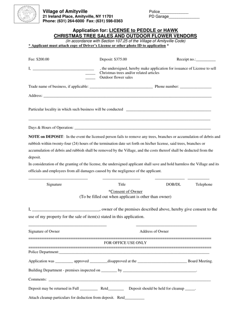 Application for License to Peddle or Hawk Christmas Tree Sales and Outdoor Flower Vendors - Village of Amityville, New York Download Pdf
