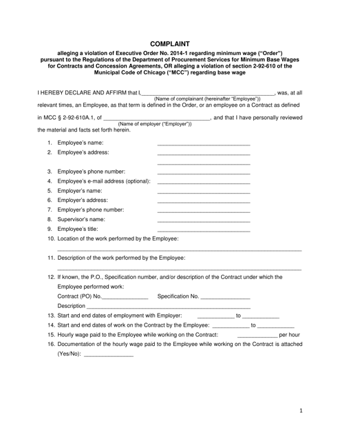 Complaint for Violation of Minimum Wage or Base Wage - City of Chicago, Illinois Download Pdf