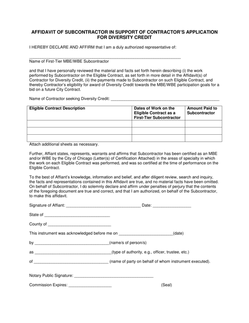 Affidavit of Subcontractor in Support of Contractor's Application for Diversity Credit - City of Chicago, Illinois