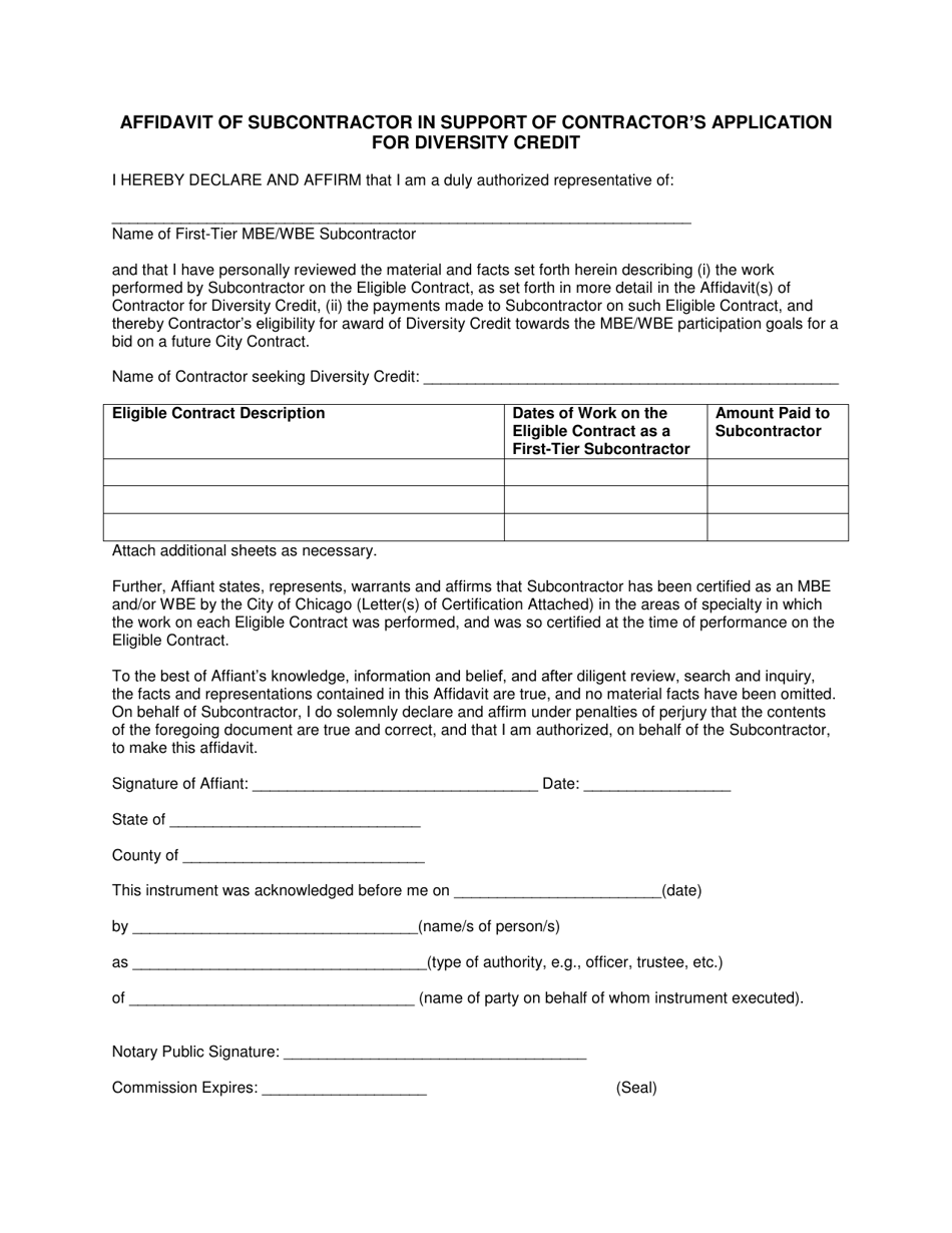 Affidavit of Subcontractor in Support of Contractors Application for Diversity Credit - City of Chicago, Illinois, Page 1