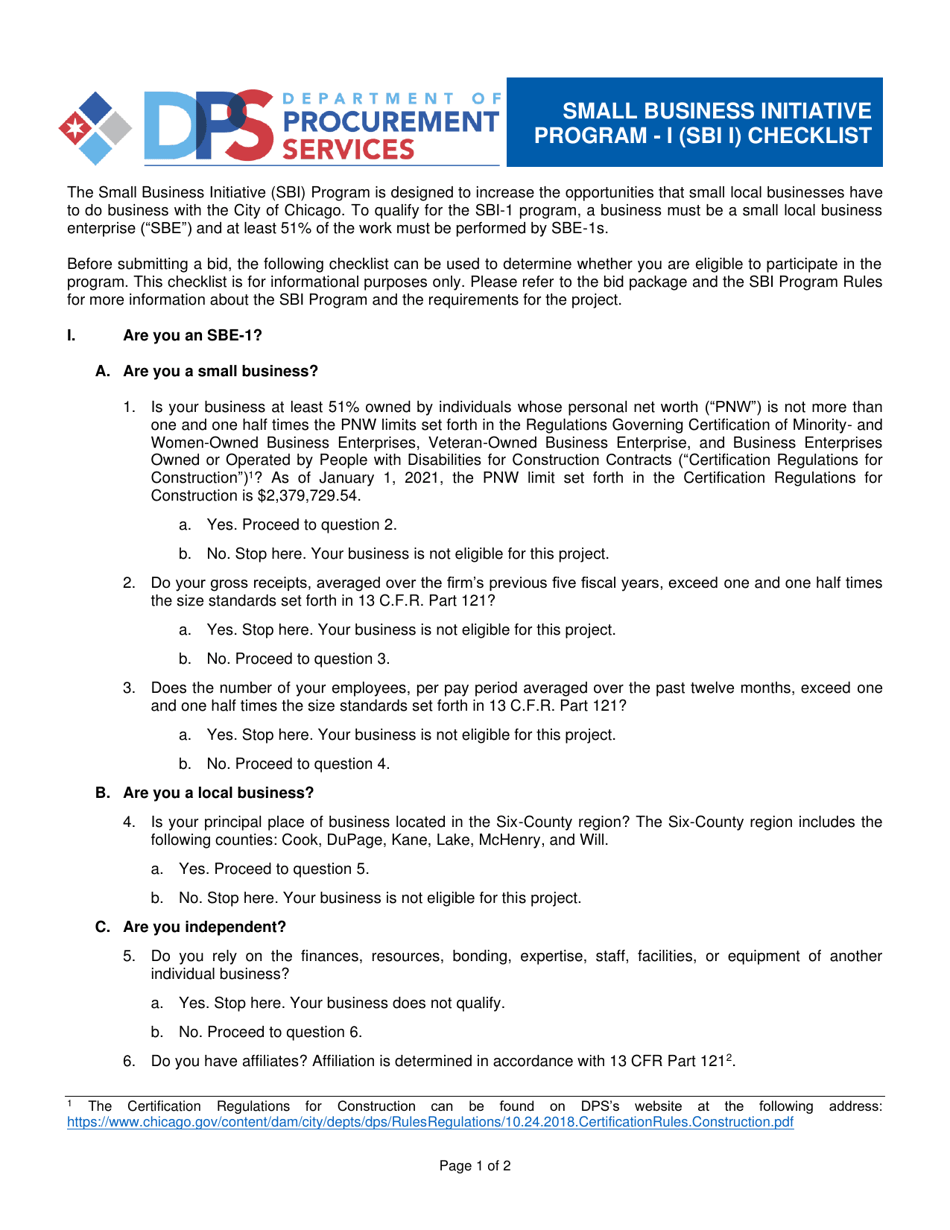 Sbi I Checklist - Small Business Initiative Program - City of Chicago, Illinois, Page 1