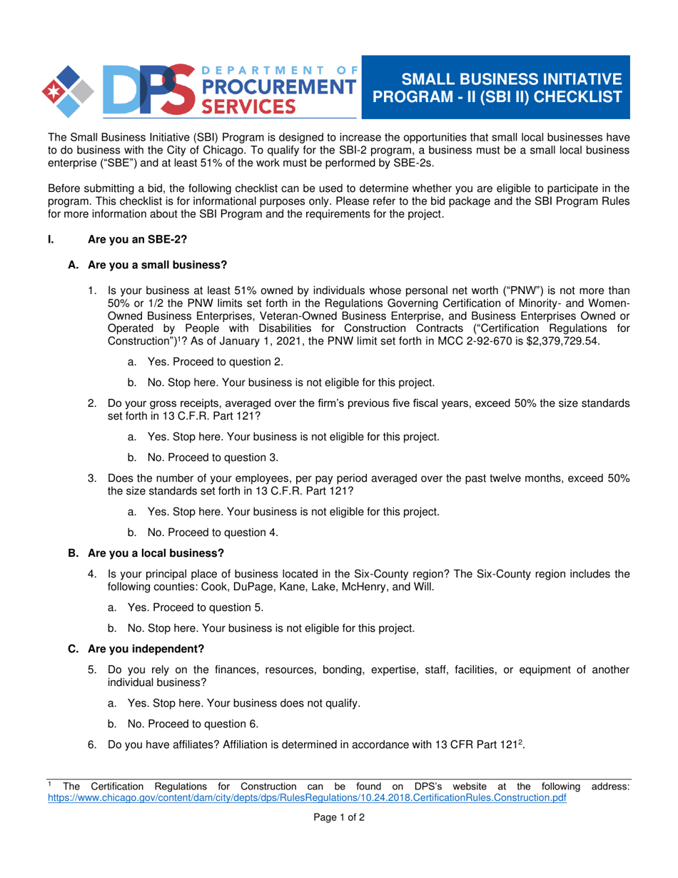 Sbi II Checklist - Small Business Initiative Program - City of Chicago, Illinois, Page 1