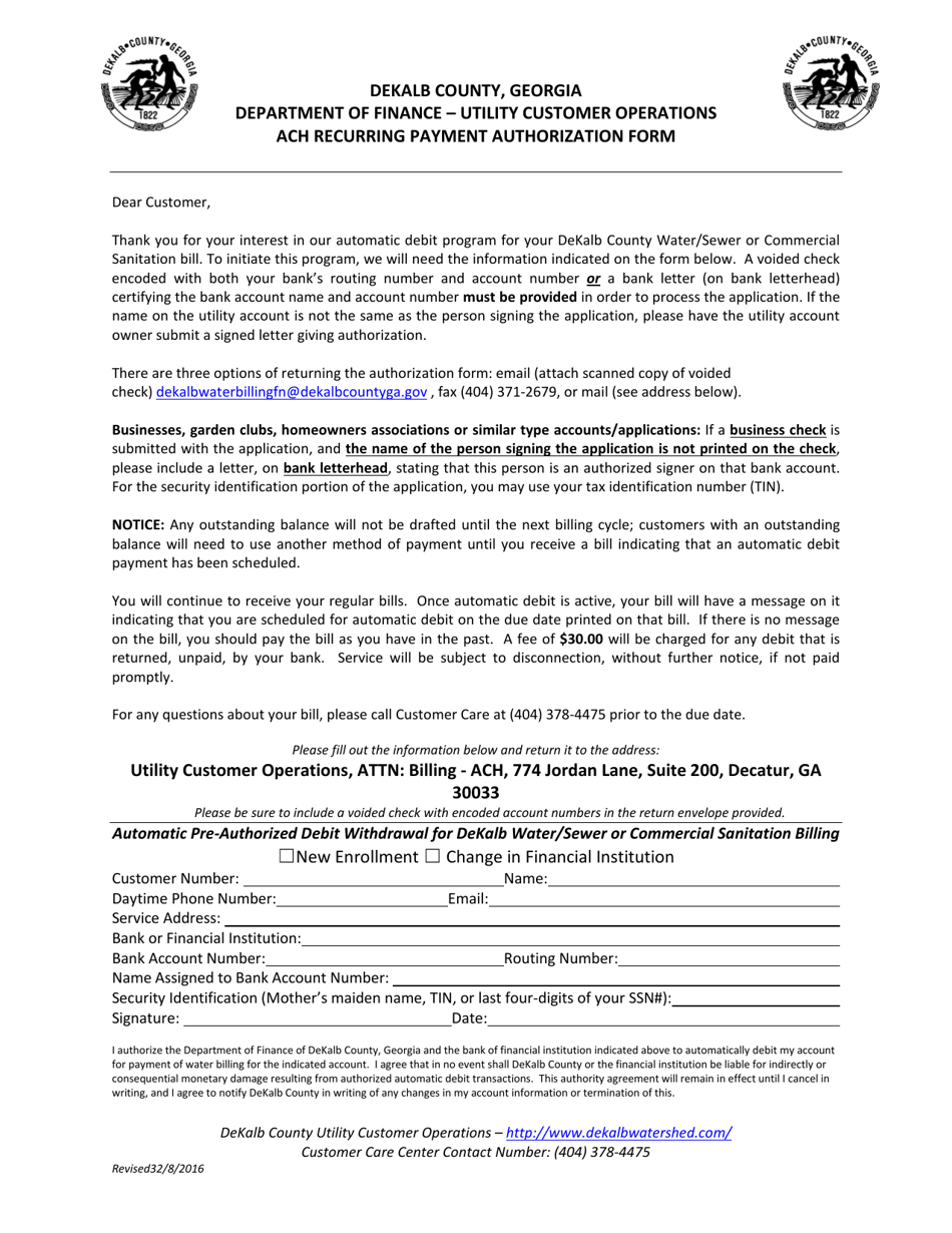 ACH Recurring Payment Authorization Form - DeKalb County, Georgia (United States), Page 1