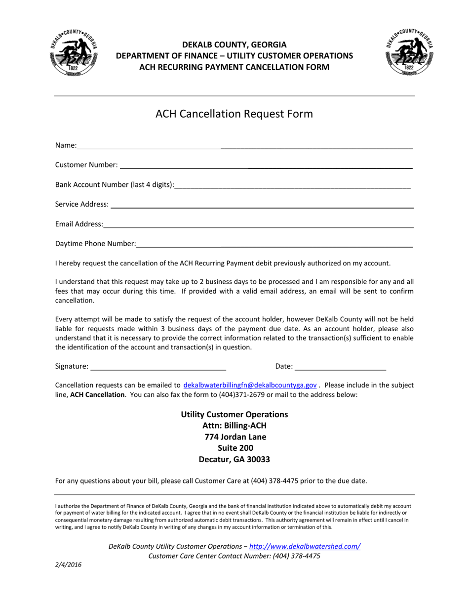 ACH Recurring Payment Cancellation Form - DeKalb County, Georgia (United States), Page 1