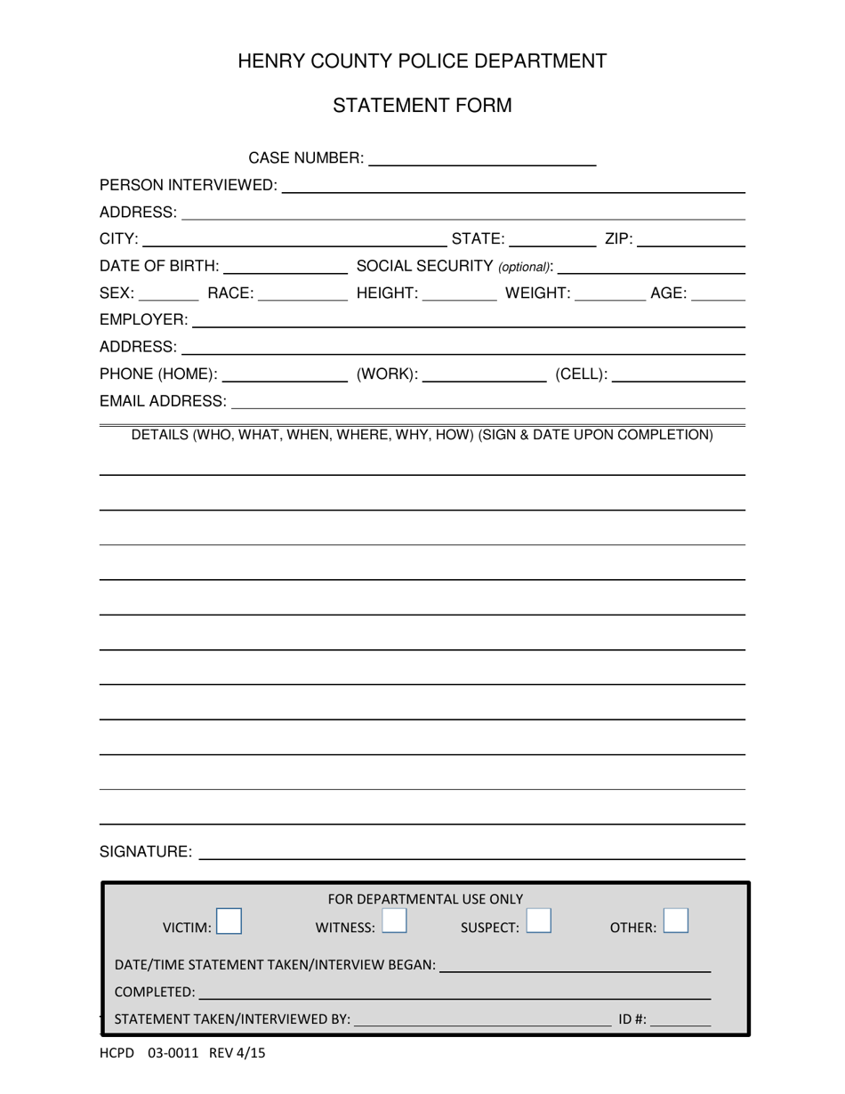 Form HCPD03-0011 Statement Form - Henry County, Georgia (United States), Page 1
