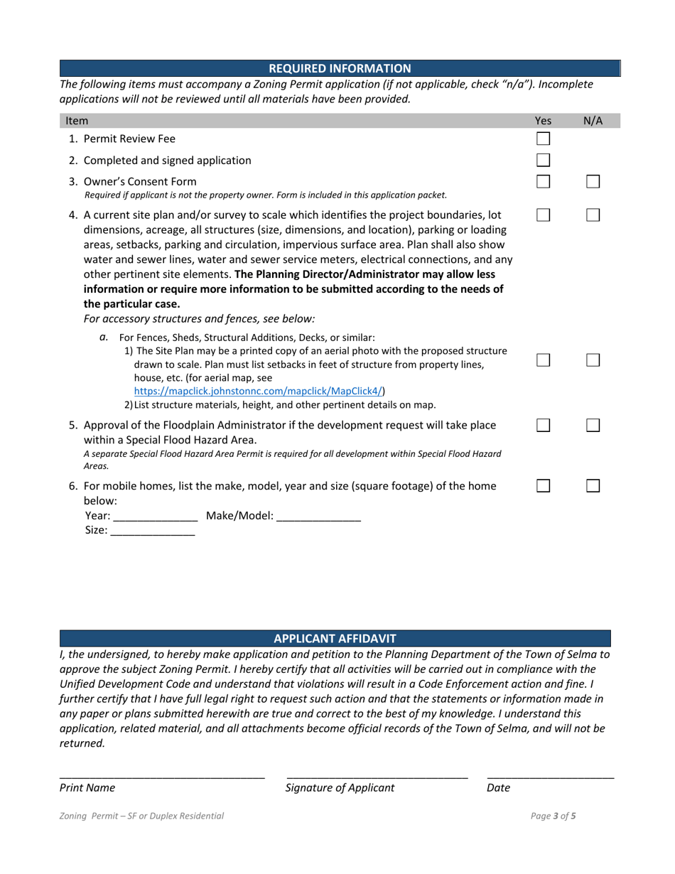 Town of Selma, North Carolina Zoning Permit Application - Single Family ...