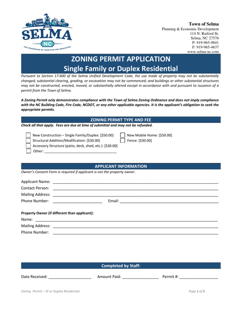 Zoning Permit Application - Single Family or Duplex Residential - Town of Selma, North Carolina Download Pdf