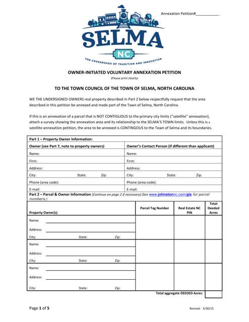 Owner-Initiated Voluntary Annexation Petition - Town of Selma, North Carolina Download Pdf