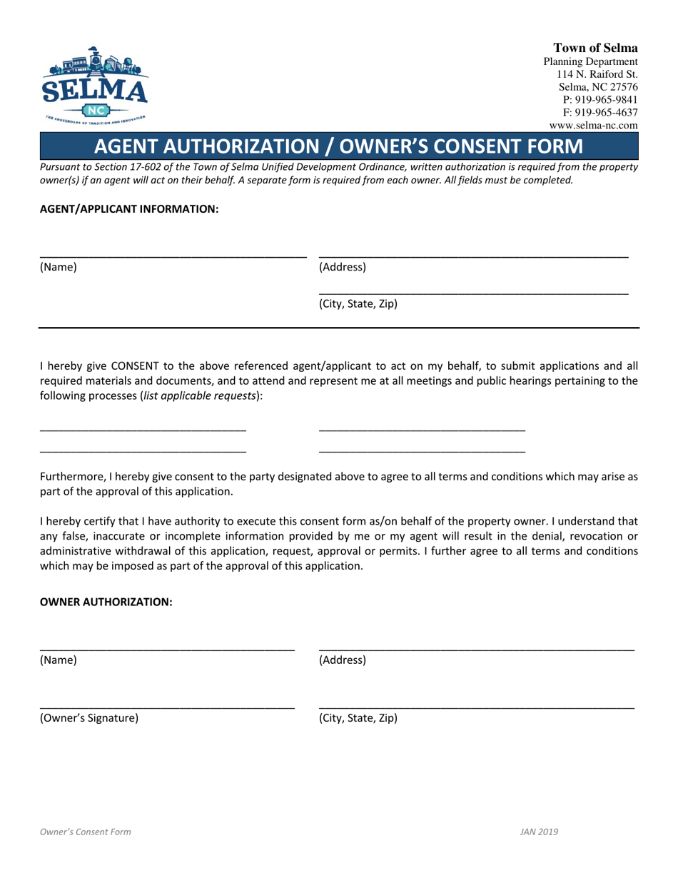 Agent Authorization / Owners Consent Form - Town of Selma, North Carolina, Page 1