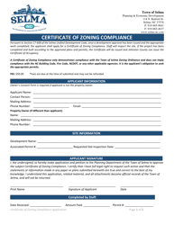 Document preview: Certificate of Zoning Compliance - Town of Selma, North Carolina