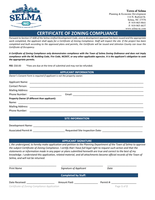 Town of Selma North Carolina Certificate of Zoning Compliance Fill