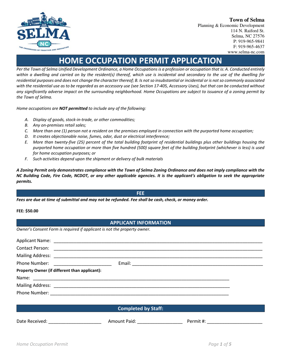 Home Occupation Permit Application - Town of Selma, North Carolina, Page 1