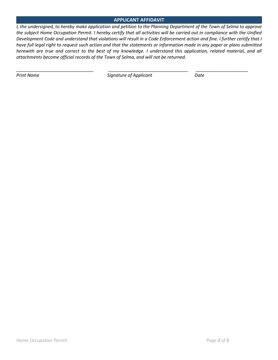 Home Occupation Permit Application - Town of Selma, North Carolina, Page 3