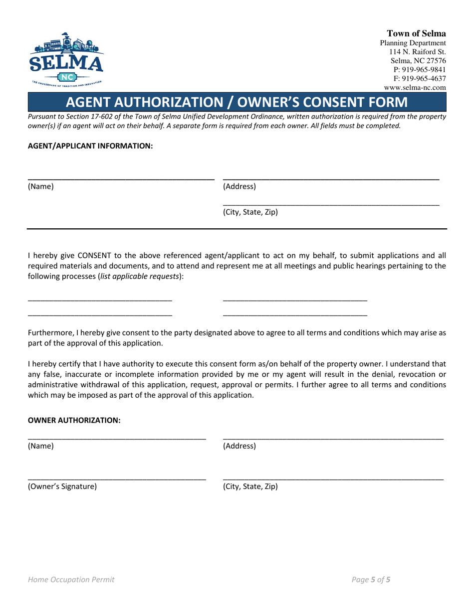 Home Occupation Permit Application - Town of Selma, North Carolina, Page 5