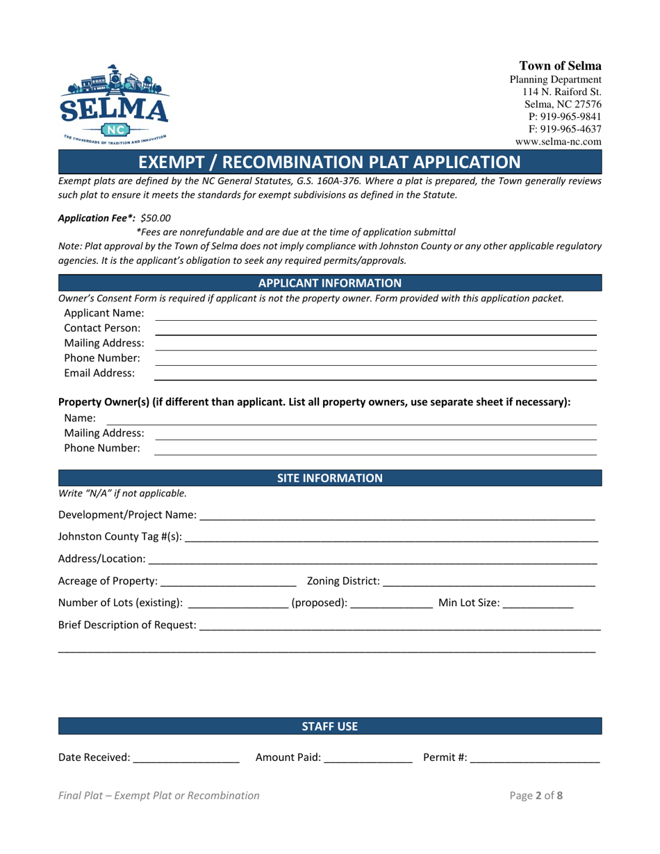 Exempt Subdivision / Recombination Form (Final Plat) - Town of Selma, North Carolina, Page 2