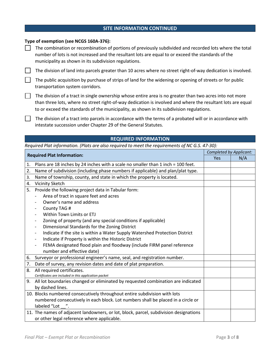 Exempt Subdivision / Recombination Form (Final Plat) - Town of Selma, North Carolina, Page 3