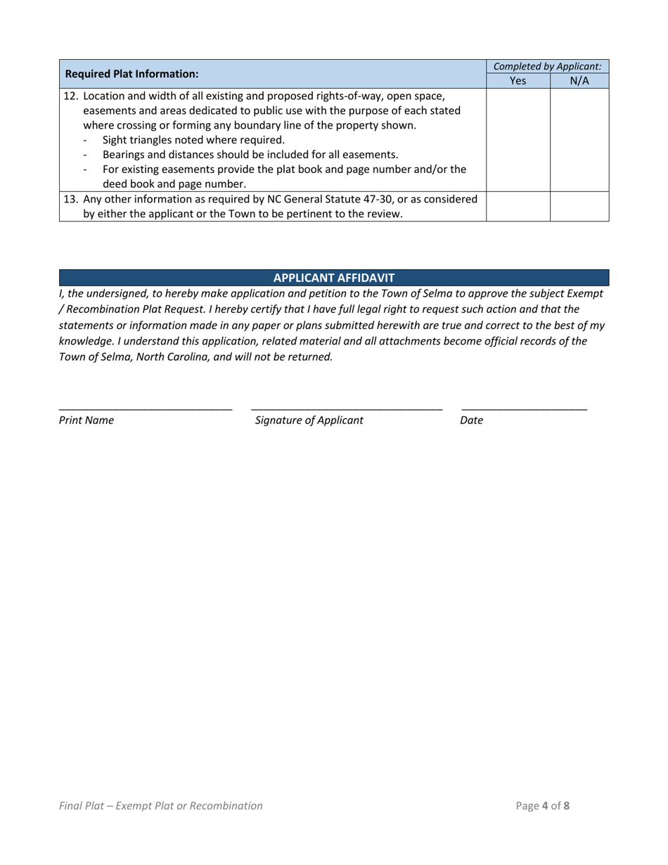 Town of Selma, North Carolina Exempt Subdivision/Recombination Form ...