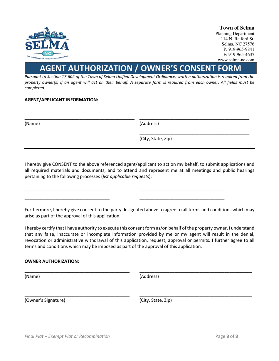 Exempt Subdivision / Recombination Form (Final Plat) - Town of Selma, North Carolina, Page 8