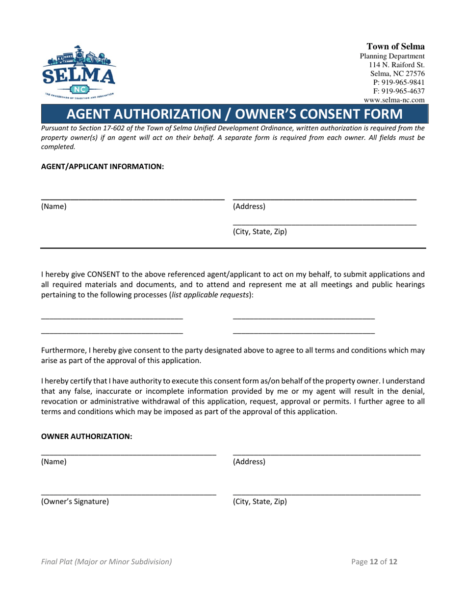 Minor Subdivision Plat / Major Subdivision Final Plat Application - Town of Selma, North Carolina, Page 12
