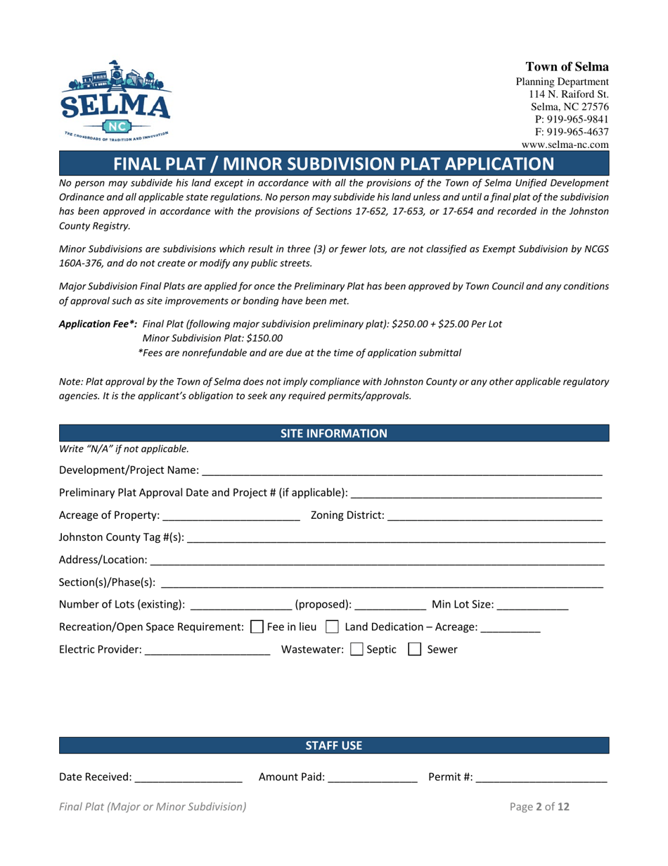 Minor Subdivision Plat / Major Subdivision Final Plat Application - Town of Selma, North Carolina, Page 2