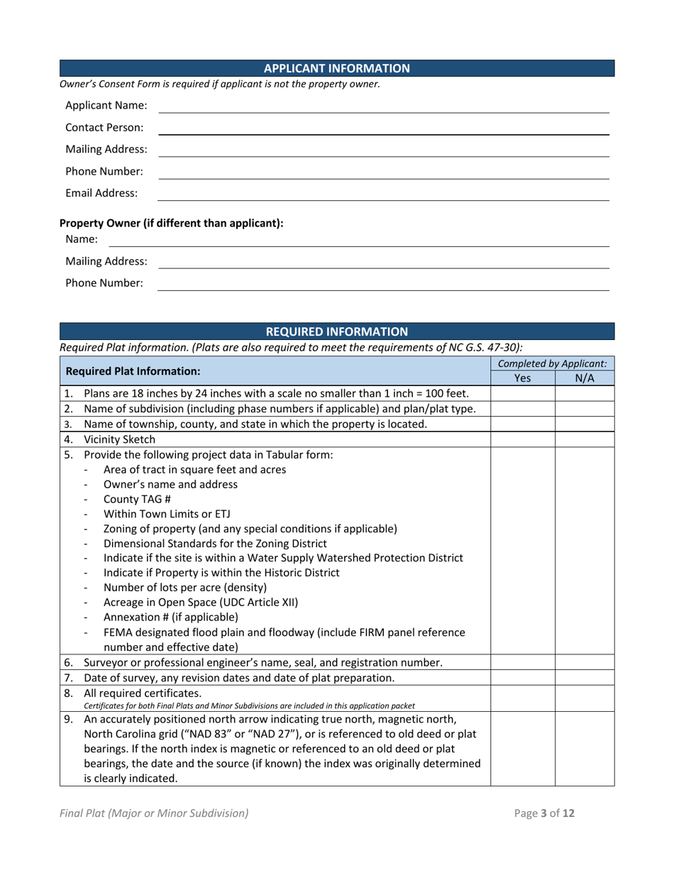 Minor Subdivision Plat / Major Subdivision Final Plat Application - Town of Selma, North Carolina, Page 3