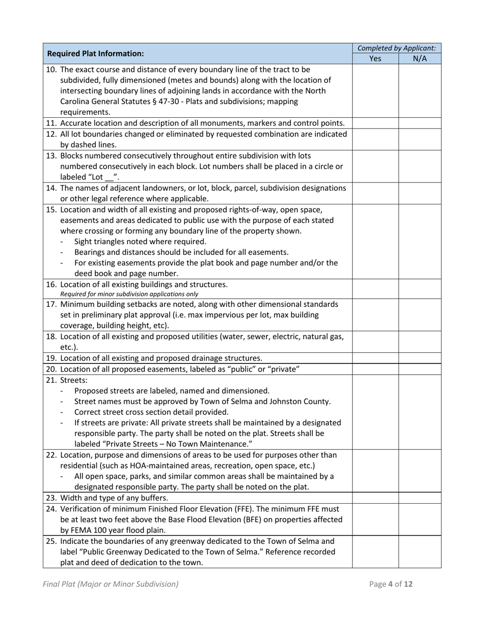 Minor Subdivision Plat / Major Subdivision Final Plat Application - Town of Selma, North Carolina, Page 4
