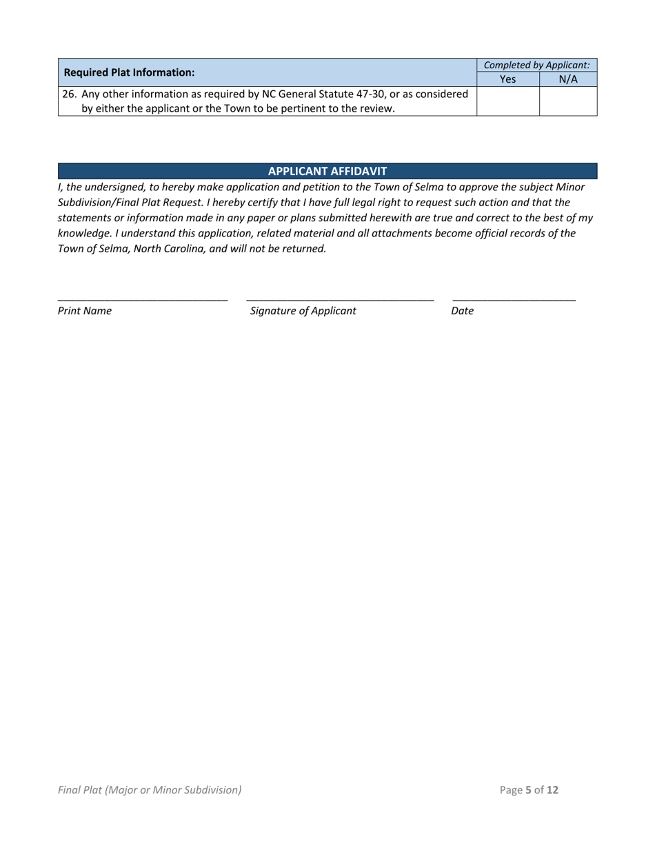 Minor Subdivision Plat / Major Subdivision Final Plat Application - Town of Selma, North Carolina, Page 5