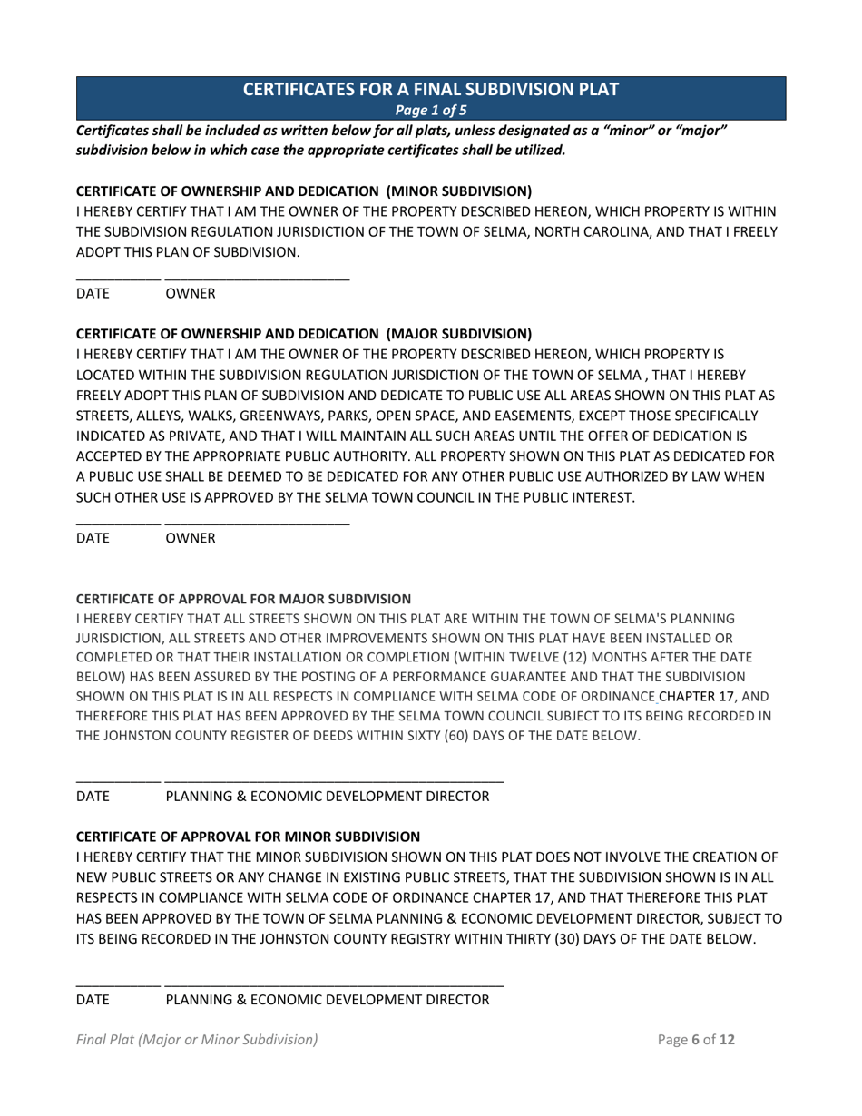 Minor Subdivision Plat / Major Subdivision Final Plat Application - Town of Selma, North Carolina, Page 6