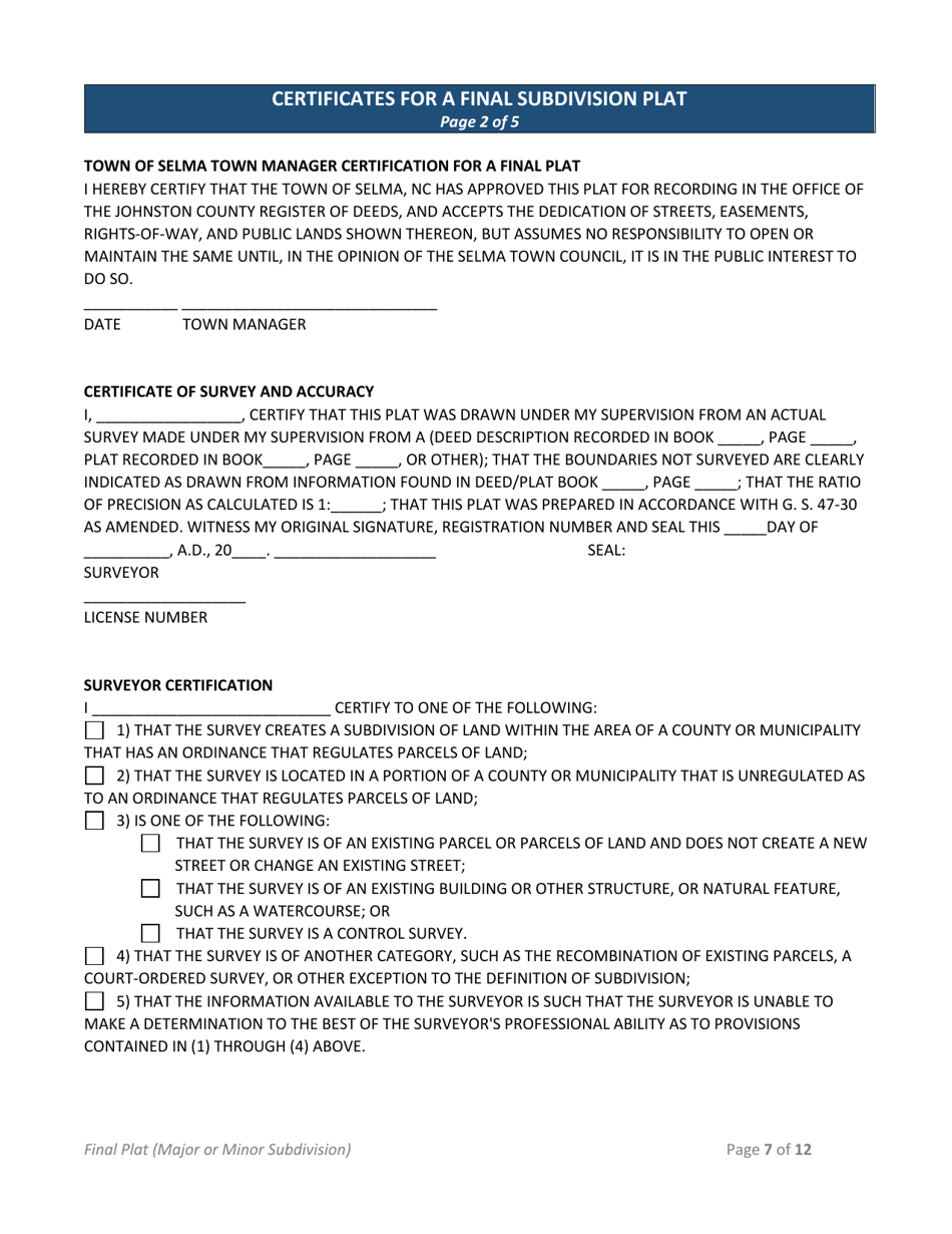 Minor Subdivision Plat / Major Subdivision Final Plat Application - Town of Selma, North Carolina, Page 7