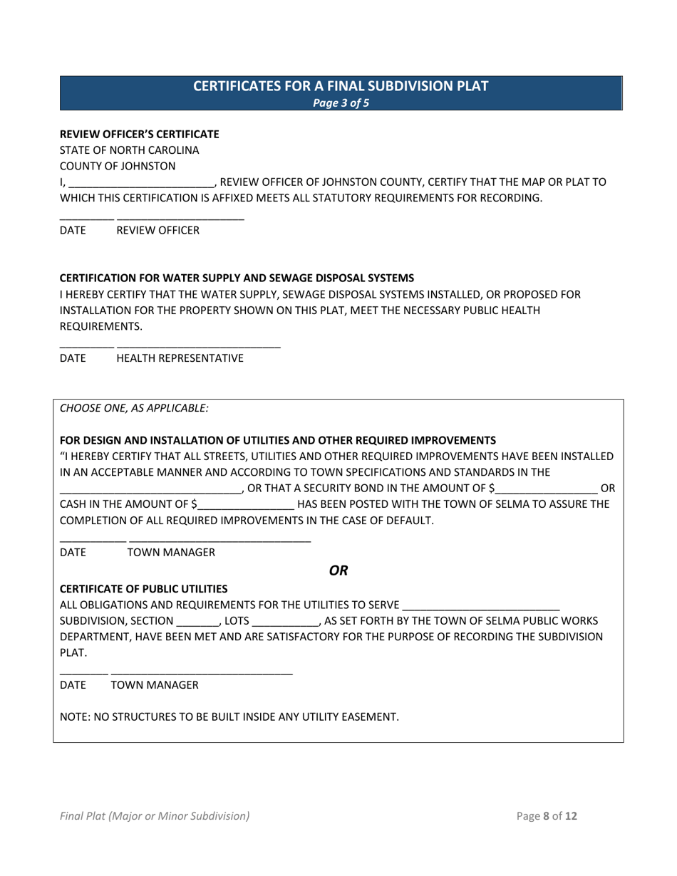 Minor Subdivision Plat / Major Subdivision Final Plat Application - Town of Selma, North Carolina, Page 8