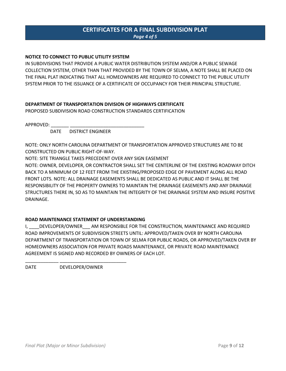 Minor Subdivision Plat / Major Subdivision Final Plat Application - Town of Selma, North Carolina, Page 9