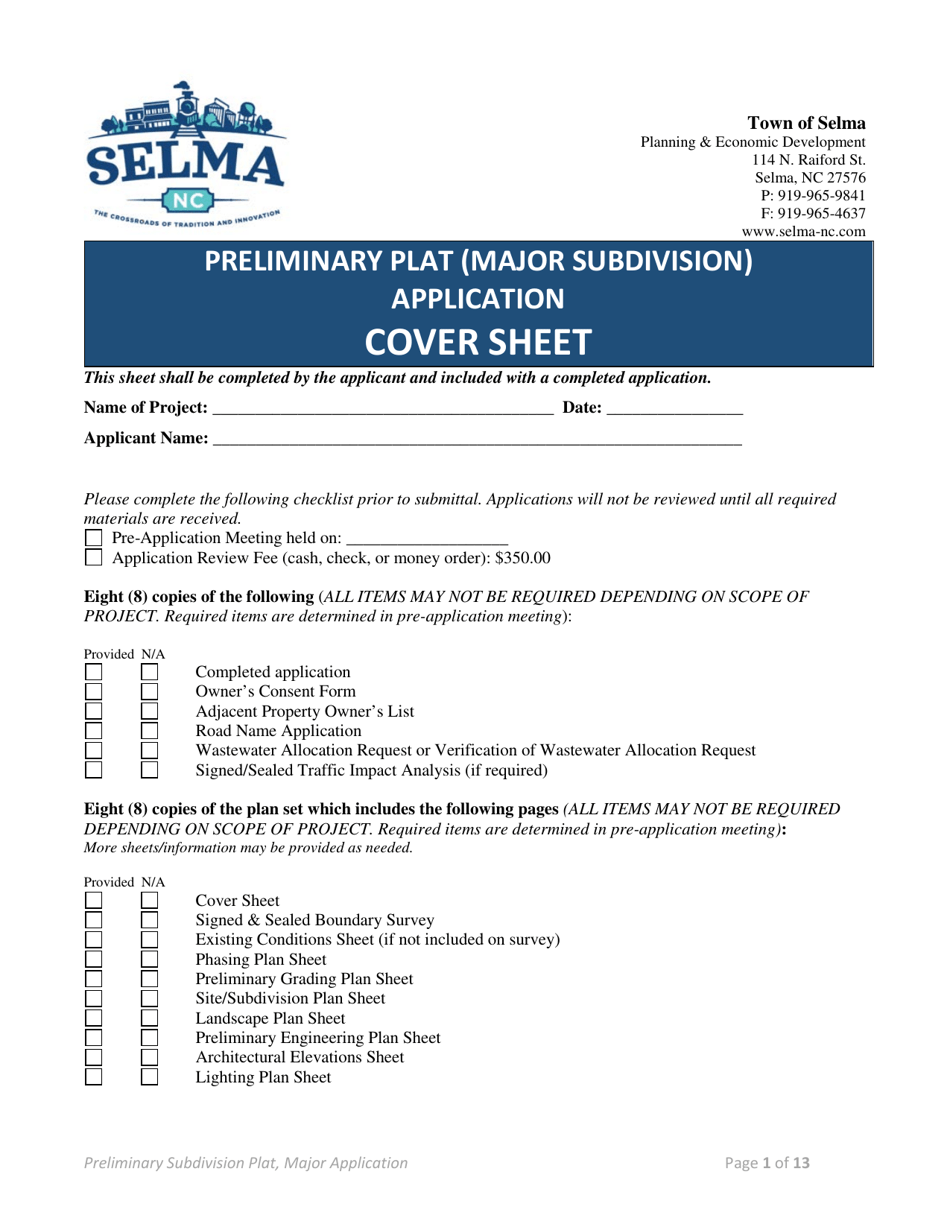 Preliminary Plat (Major Subdivision) Application - Town of Selma, North Carolina, Page 1