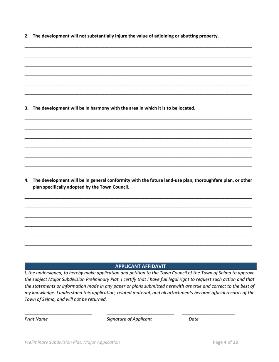 Preliminary Plat (Major Subdivision) Application - Town of Selma, North Carolina, Page 4