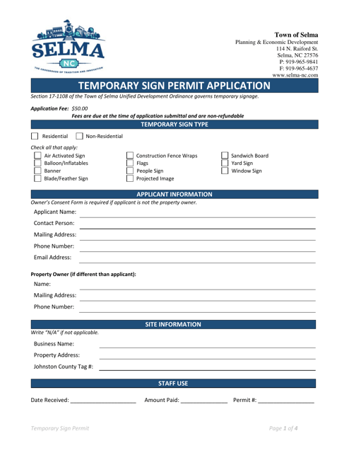 Temporary Sign Permit Application - Town of Selma, North Carolina Download Pdf
