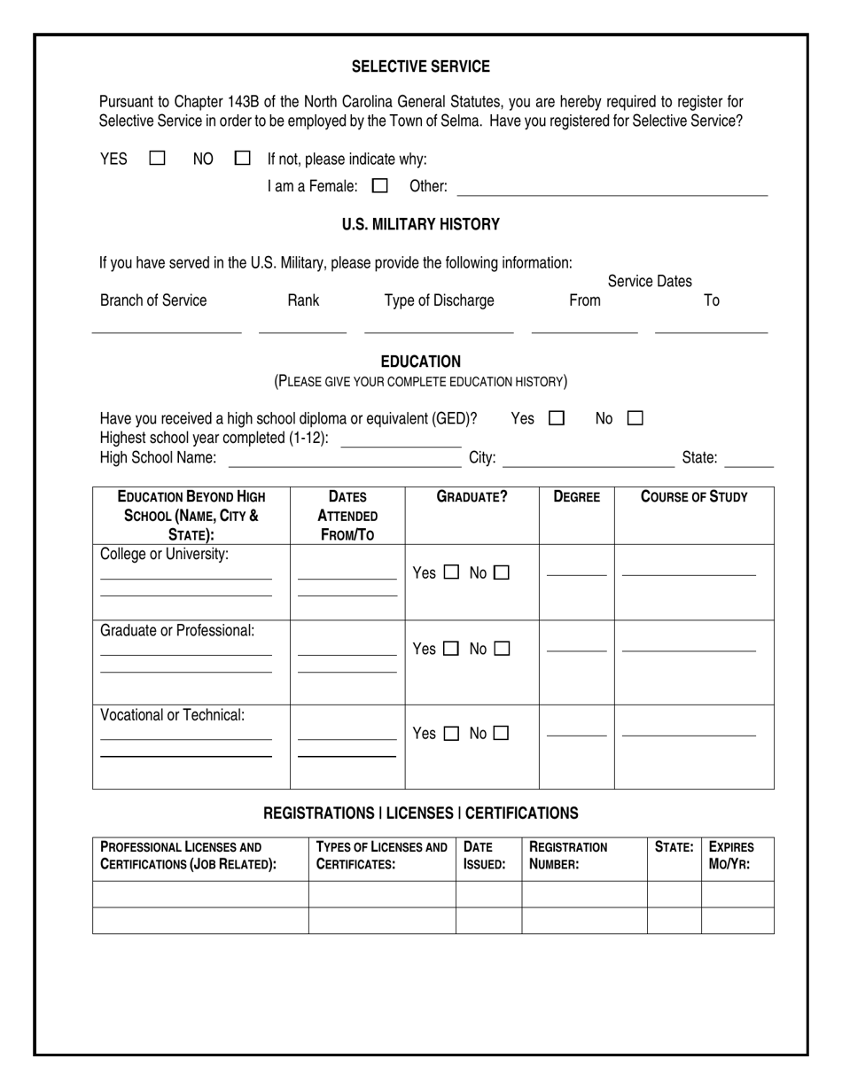 Employment Application - Town of Selma, North Carolina, Page 3