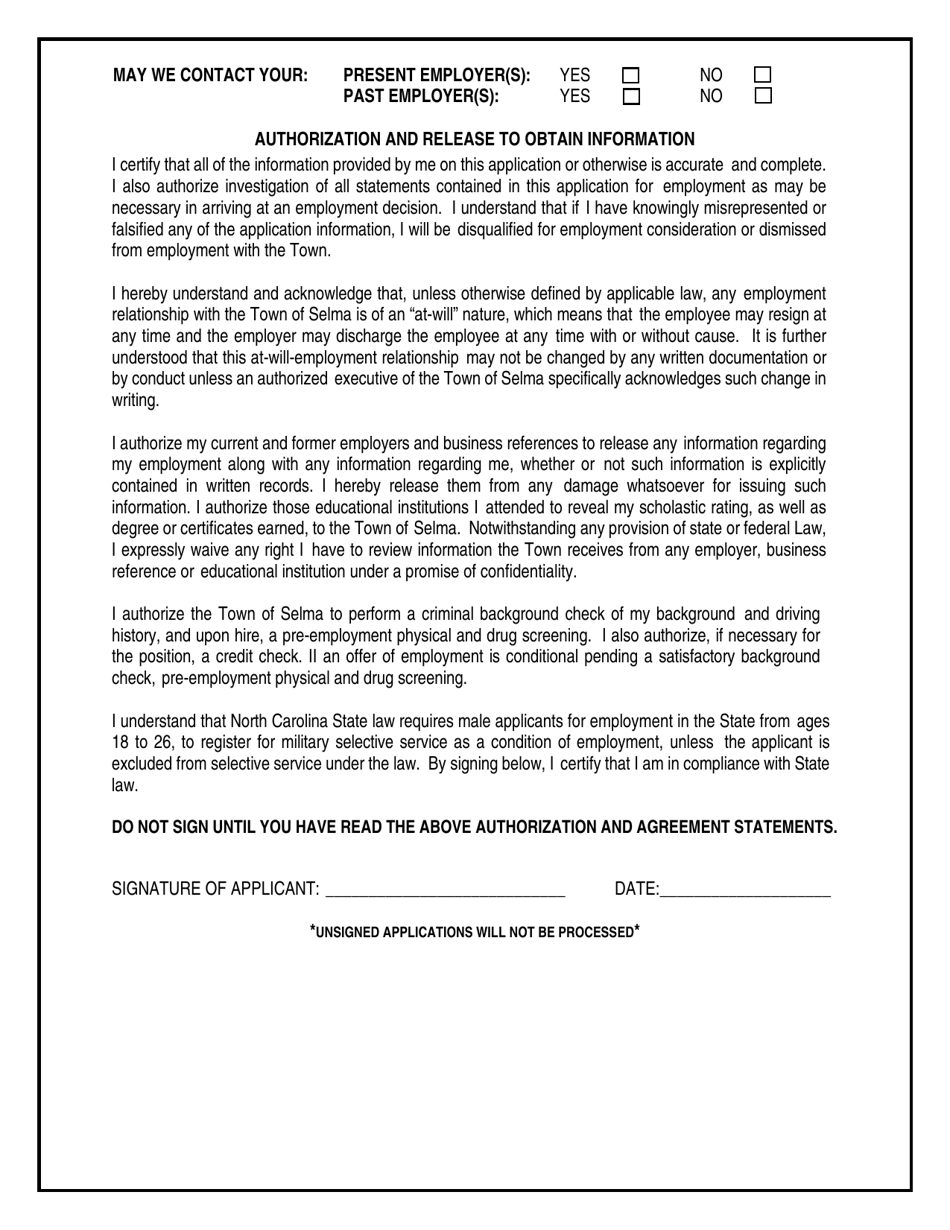 Employment Application - Town of Selma, North Carolina, Page 7