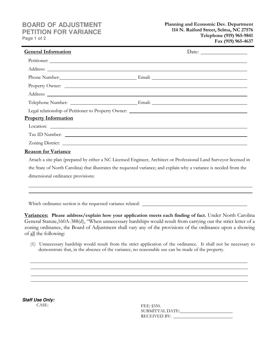 Petition for Variance - Town of Selma, North Carolina, Page 1
