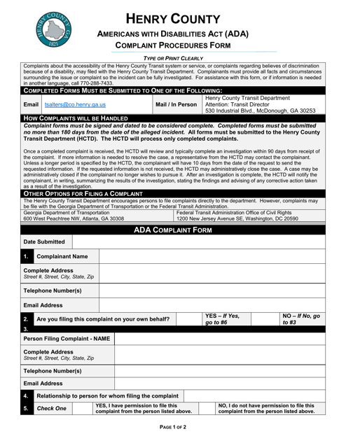 &quot;Americans With Disabilities Act (Ada) Complaint Procedures Form&quot; - Henry County, Georgia (United States) Download Pdf