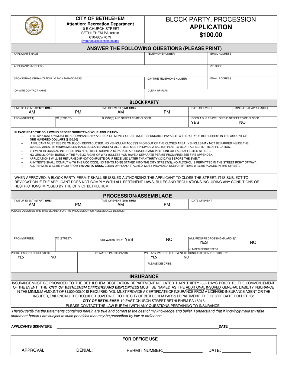 Block Party / Procession Application - City of Bethlehem, Pennsylvania, Page 1