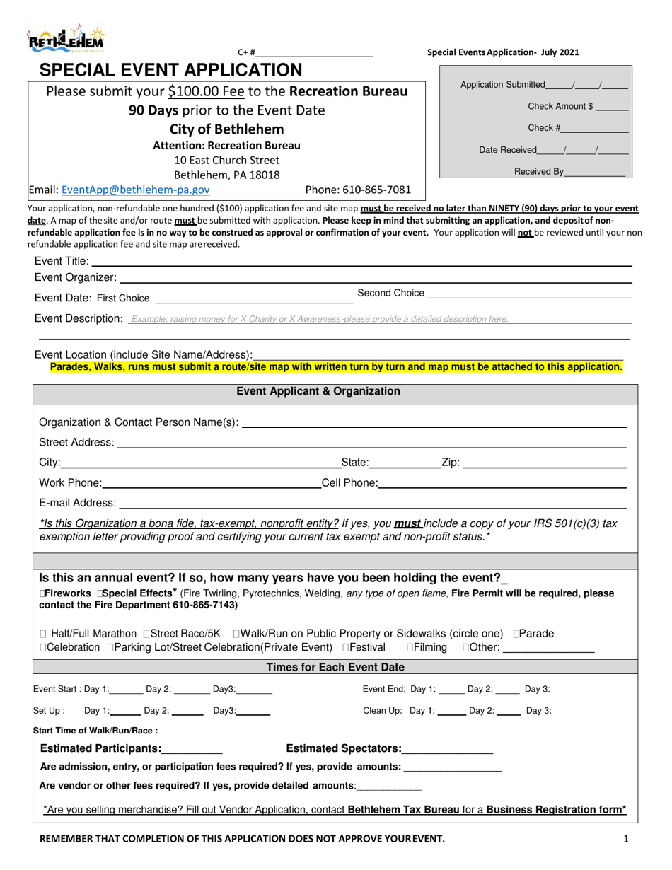 Special Event Application - City of Bethlehem, Pennsylvania, Page 1