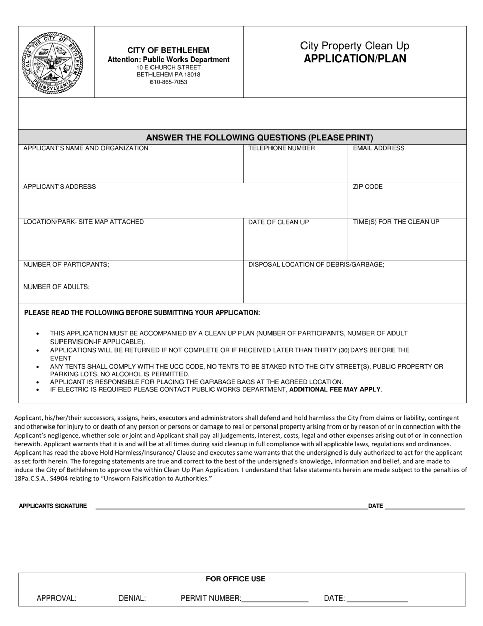 City Property Clean up Application / Plan - City of Bethlehem, Pennsylvania, Page 1