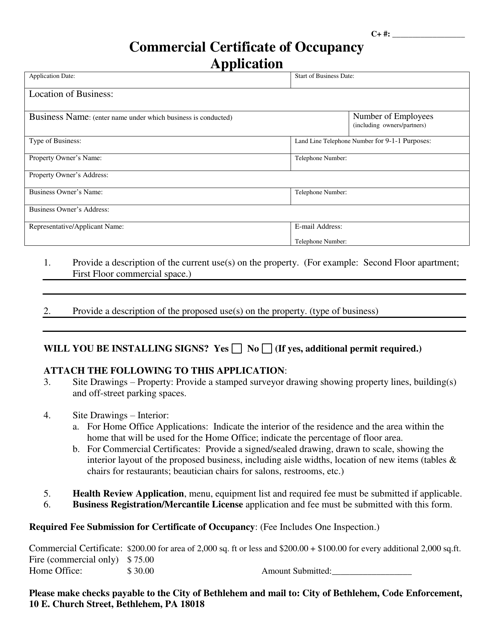 Commercial Certificate of Occupancy Application - City of Bethlehem, Pennsylvania Download Pdf