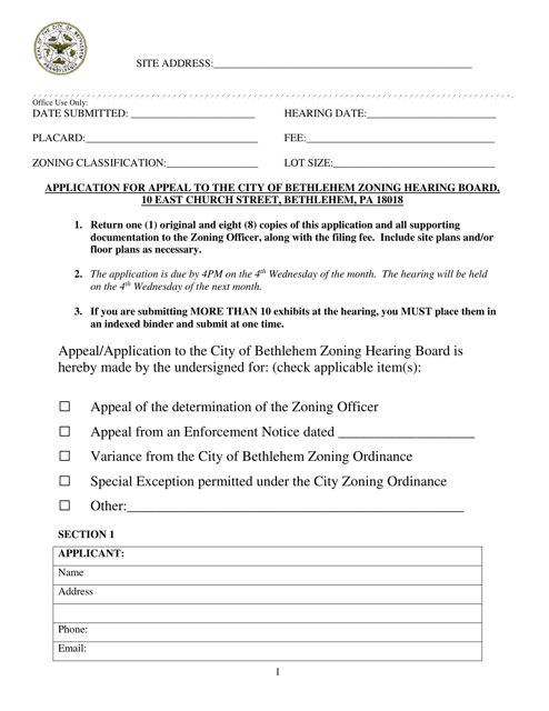 Application for Zoning Hearing Board Appeal - City of Bethlehem, Pennsylvania Download Pdf