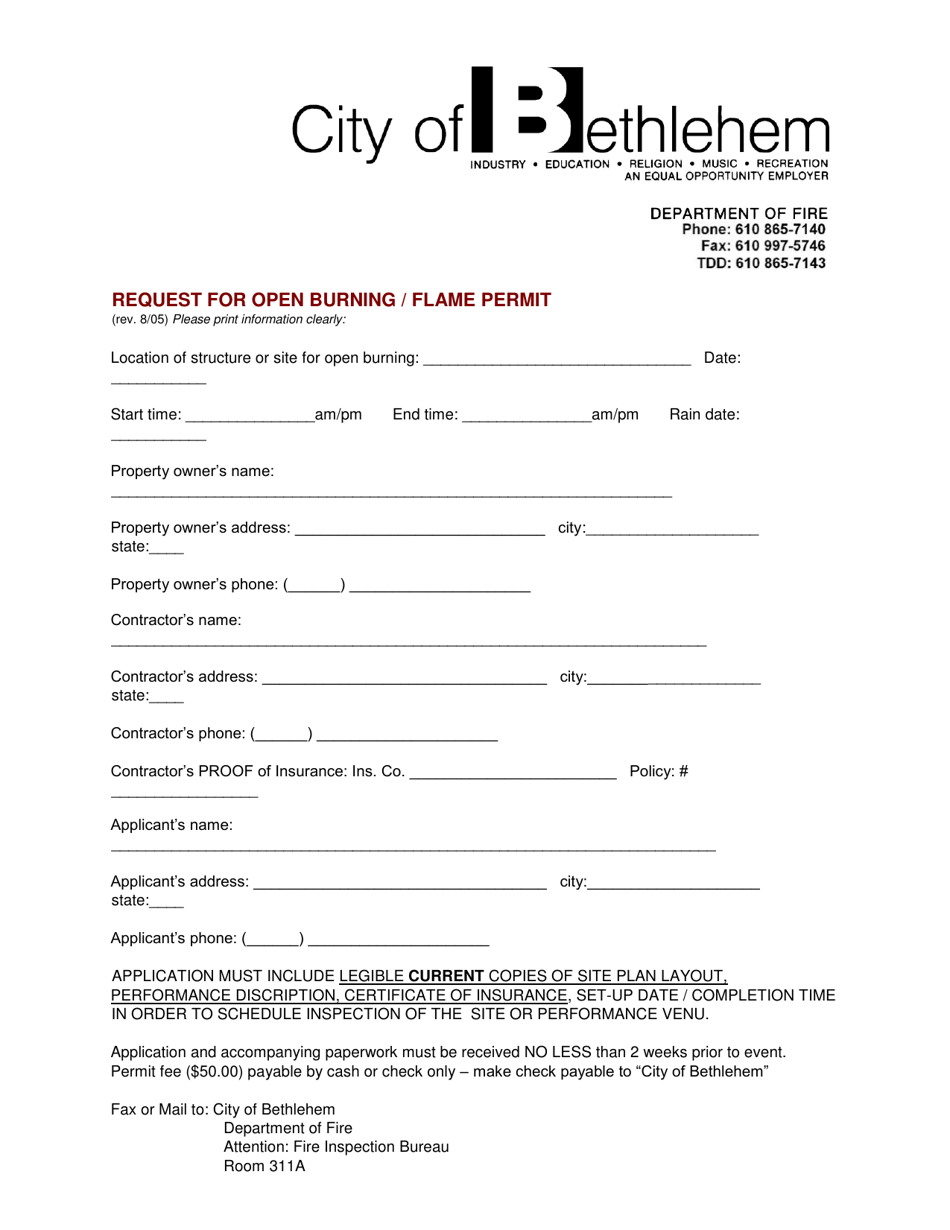 Request for Open Burning / Flame Permit - City of Bethlehem, Pennsylvania, Page 1