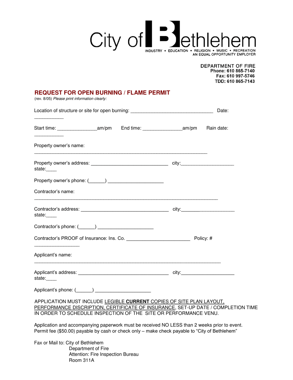 City of Bethlehem, Pennsylvania Request for Open Burning/Flame Permit